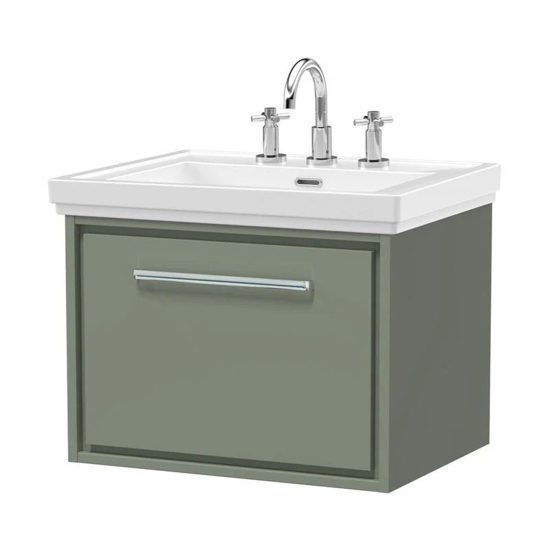 Hudson Reed Lille 600mm Wall Hung Single Drawer Vanity With Basin - 3 Tap Hole Contemp Fern Green Fireclay,MFC Smooth Matt 497x630x471mm
