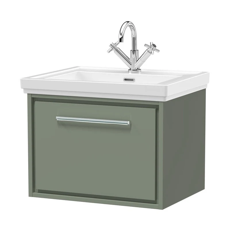 Hudson Reed Lille 600mm Wall Hung Single Drawer Vanity With Basin - 1 Tap Hole Contemp Fern Green Fireclay,MFC Smooth Matt 497x630x471mm