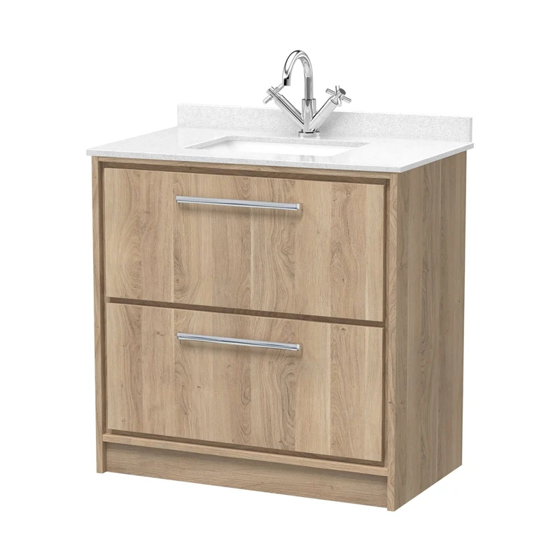 Hudson Reed Lille 800mm Floor Standing 2-drawer Vanity With Marble Worktop Basin Contemp Bleached Oak MFC Textured Woodgrain,vitreous China 878x820x470mm
