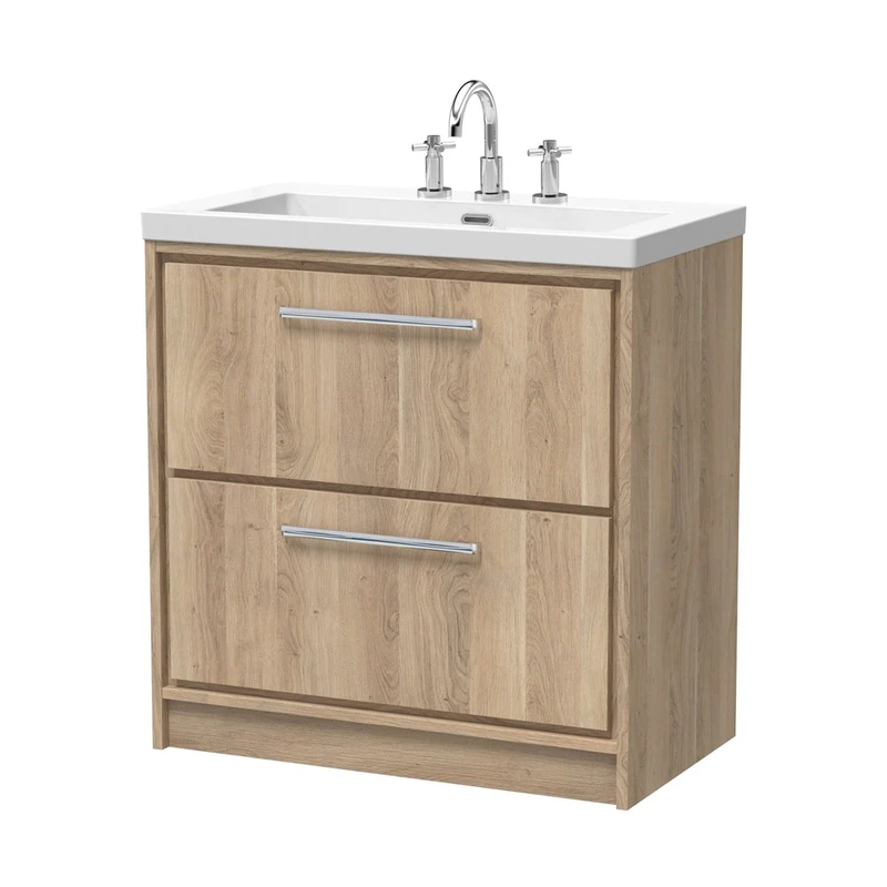 Hudson Reed Lille 800mm Floor Standing 2-drawer Vanity With Basin - 3 Tap Hole Contemp Bleached Oak Fireclay,MFC Textured Woodgrain 845x813x462mm