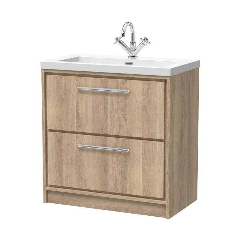 Hudson Reed Lille 800mm Floor Standing 2-drawer Vanity With Basin - 1 Tap Hole Contemp Bleached Oak Fireclay,MFC Textured Woodgrain 845x813x462mm