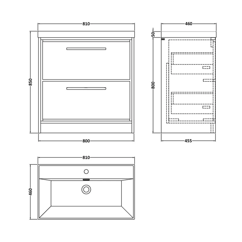 Hudson Reed Lille 800mm Floor Standing 2-drawer Vanity With Basin - 1 Tap Hole Contemp Bleached Oak MFC Textured Woodgrain,vitreous China 850x810x460mm