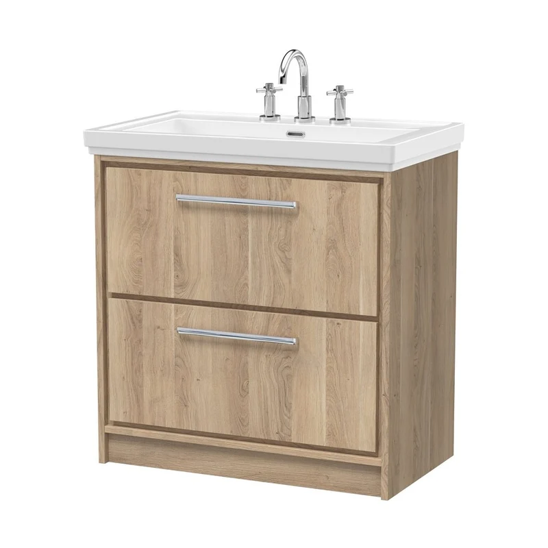 Hudson Reed Lille 800mm Floor Standing 2-drawer Vanity With Basin - 3 Tap Hole Contemp Bleached Oak Fireclay,MFC Textured Woodgrain 867x830x471mm
