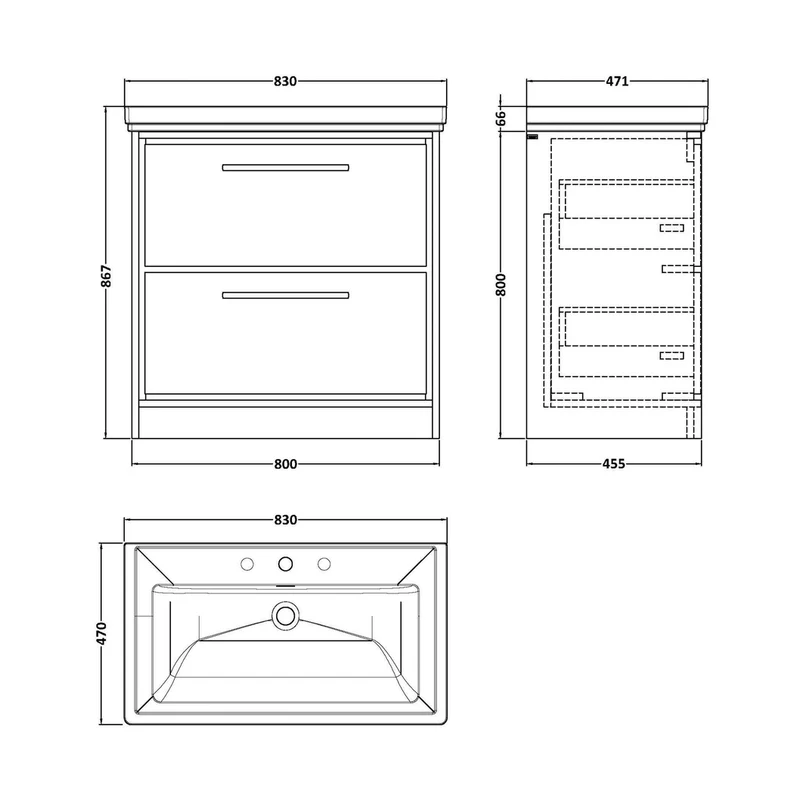 Hudson Reed Lille 800mm Floor Standing 2-drawer Vanity With Basin - 3 Tap Hole Contemp Bleached Oak Fireclay,MFC Textured Woodgrain 867x830x471mm