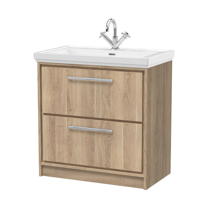 Hudson Reed Lille 800mm Floor Standing 2-drawer Vanity With Basin - 1 Tap Hole Contemp Bleached Oak Fireclay,MFC Textured Woodgrain 867x830x471mm