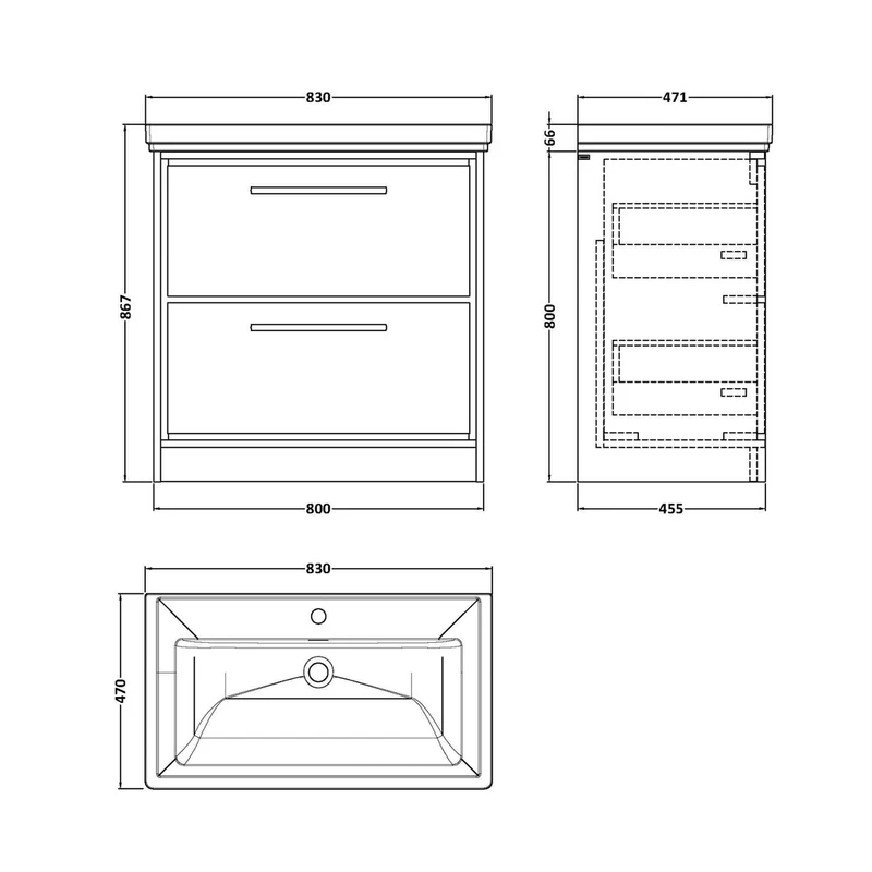 Hudson Reed Lille 800mm Floor Standing 2-drawer Vanity With Basin - 1 Tap Hole Contemp Bleached Oak Fireclay,MFC Textured Woodgrain 867x830x471mm