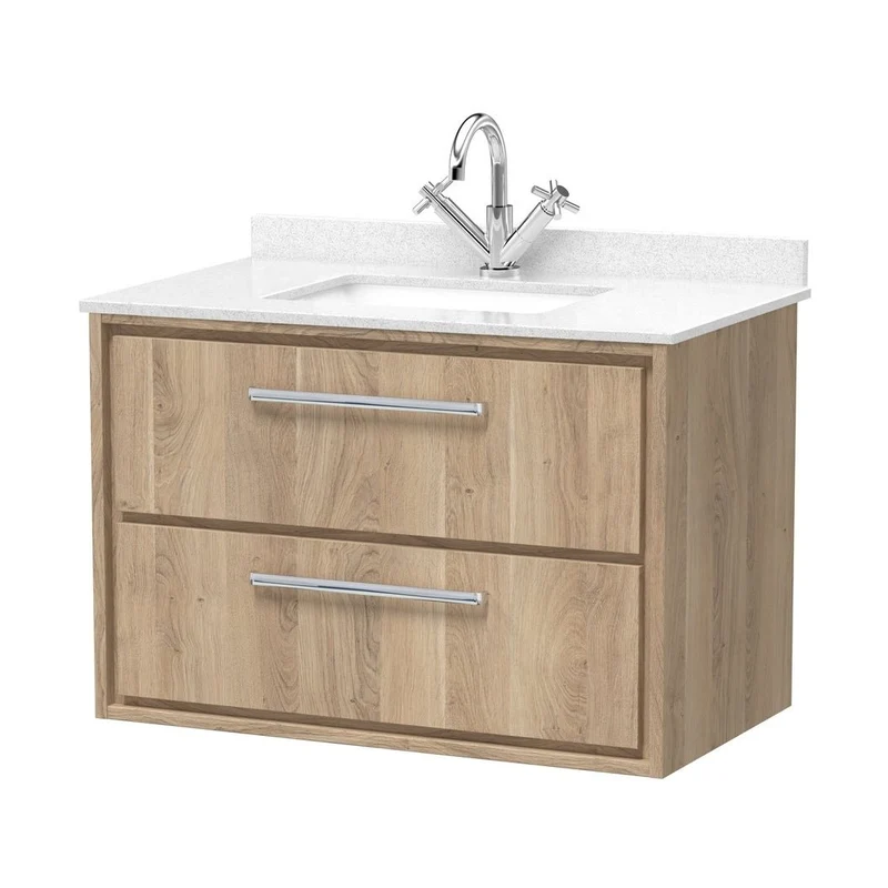 Hudson Reed Lille 800mm Wall Hung 2-drawer Vanity With Marble Worktop Basin Contemp Bleached Oak MFC Textured Woodgrain,vitreous China 617x820x470mm