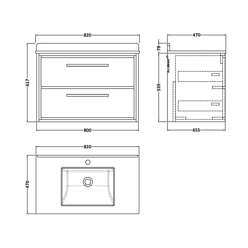 Hudson Reed Lille 800mm Wall Hung 2-drawer Vanity With Marble Worktop Basin Contemp Bleached Oak MFC Textured Woodgrain,vitreous China 617x820x470mm