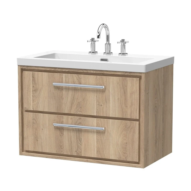 Hudson Reed Lille 800mm Wall Hung 2-drawer Vanity With Basin - 3 Tap Hole Contemp Bleached Oak Fireclay,MFC Textured Woodgrain 584x813x462mm