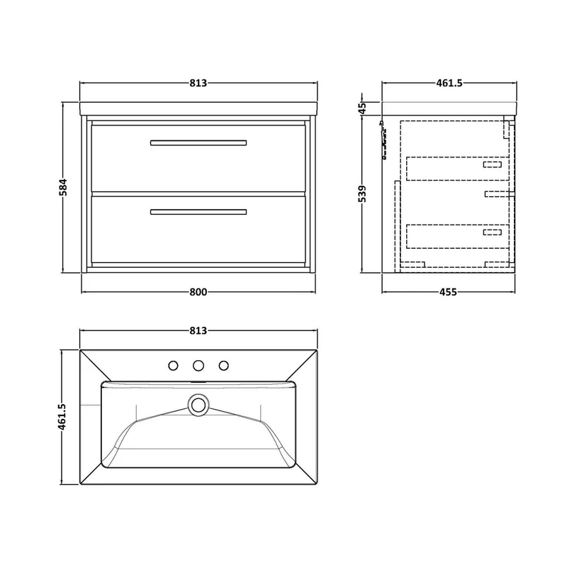Hudson Reed Lille 800mm Wall Hung 2-drawer Vanity With Basin - 3 Tap Hole Contemp Bleached Oak Fireclay,MFC Textured Woodgrain 584x813x462mm