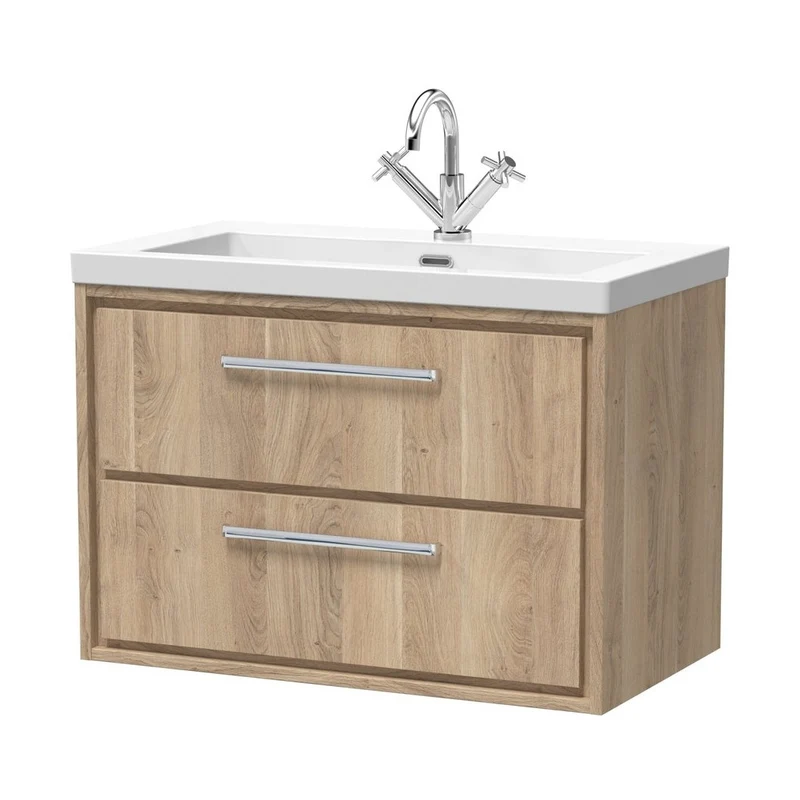 Hudson Reed Lille 800mm Wall Hung 2-drawer Vanity With Basin - 1 Tap Hole Contemp Bleached Oak Fireclay,MFC Textured Woodgrain 584x813x462mm