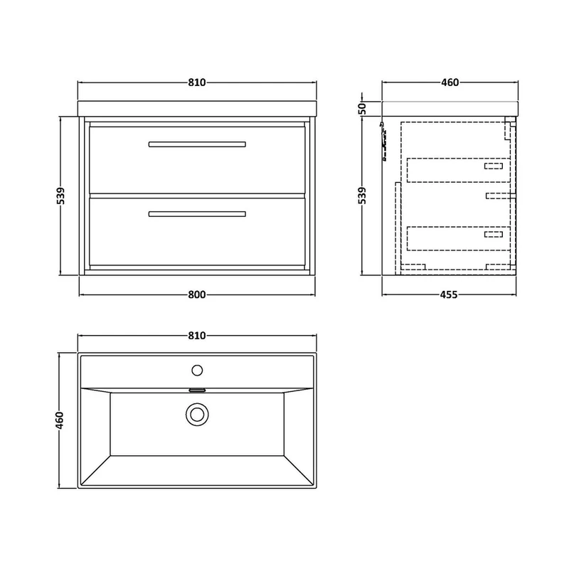 Hudson Reed Lille 800mm Wall Hung 2-drawer Vanity With Basin - 1 Tap Hole Contemp Bleached Oak MFC Textured Woodgrain,vitreous China 539x810x460mm
