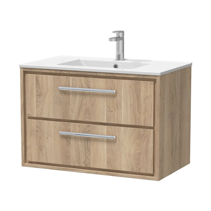 Hudson Reed Lille 800mm Wall Hung 2-drawer Vanity With Basin - 1 Tap Hole Contemp Bleached Oak MFC Textured Woodgrain,vitreous China 539x805x460mm