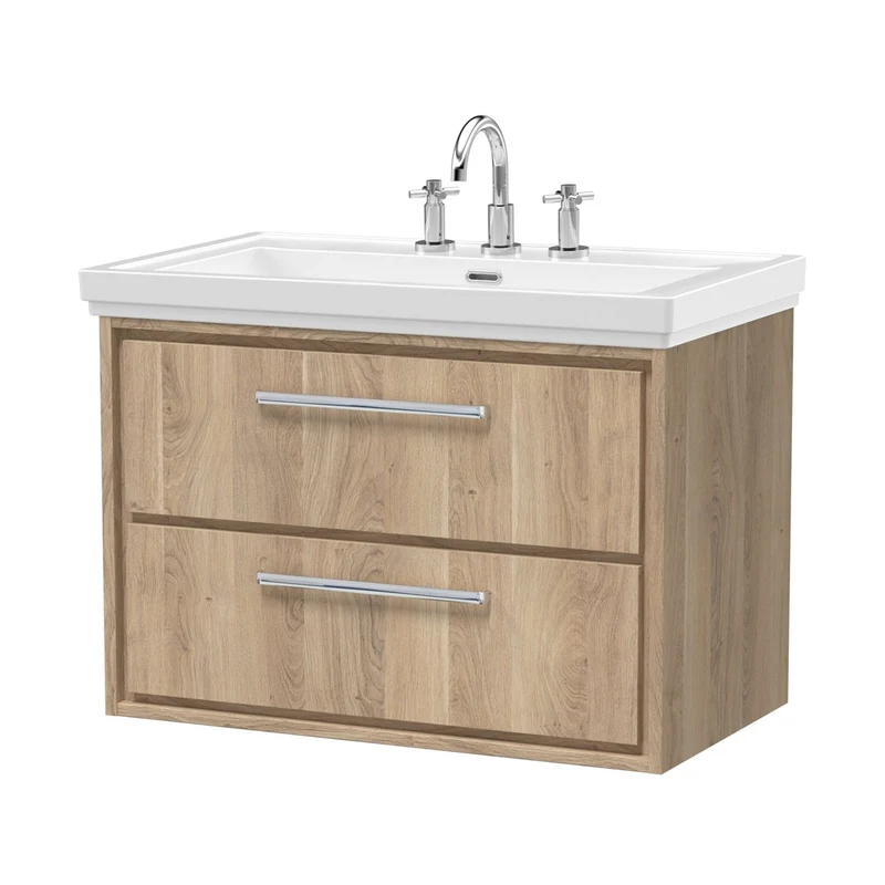 Hudson Reed Lille 800mm Wall Hung 2-drawer Vanity With Basin - 3 Tap Hole Contemp Bleached Oak Fireclay,MFC Textured Woodgrain 606x830x471mm