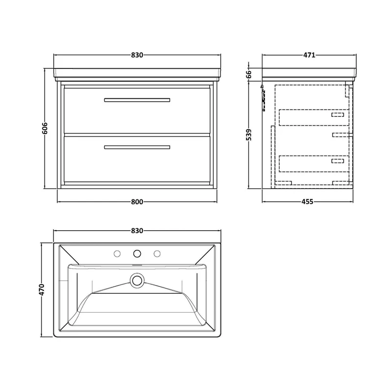 Hudson Reed Lille 800mm Wall Hung 2-drawer Vanity With Basin - 3 Tap Hole Contemp Bleached Oak Fireclay,MFC Textured Woodgrain 606x830x471mm
