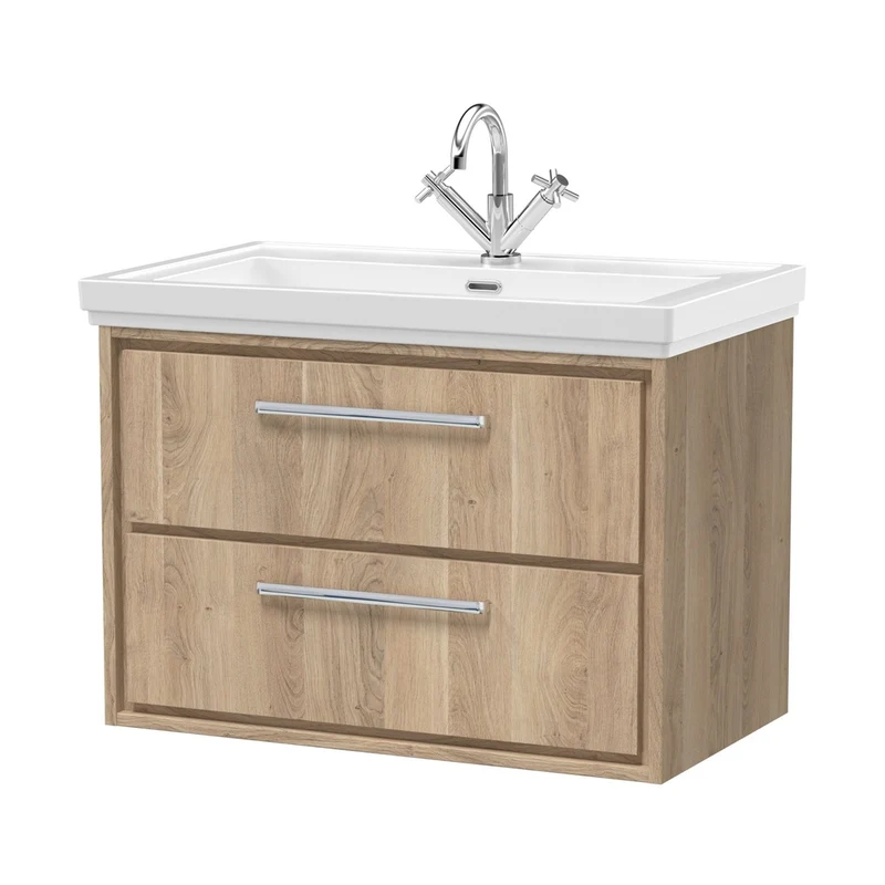 Hudson Reed Lille 800mm Wall Hung 2-drawer Vanity With Basin - 1 Tap Hole Contemp Bleached Oak Fireclay,MFC Textured Woodgrain 606x830x471mm