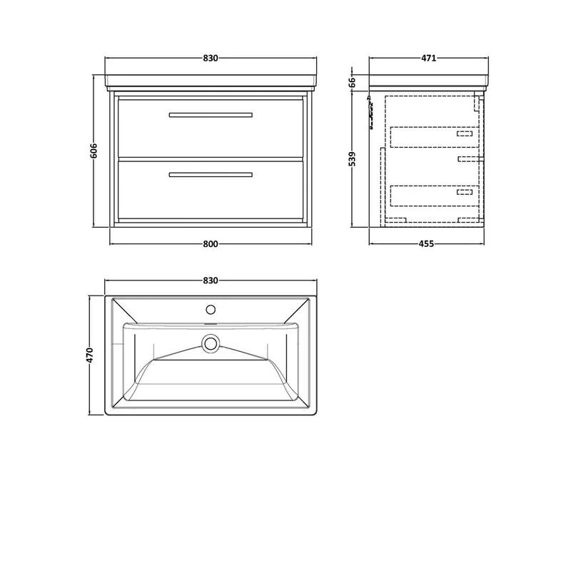 Hudson Reed Lille 800mm Wall Hung 2-drawer Vanity With Basin - 1 Tap Hole Contemp Bleached Oak Fireclay,MFC Textured Woodgrain 606x830x471mm