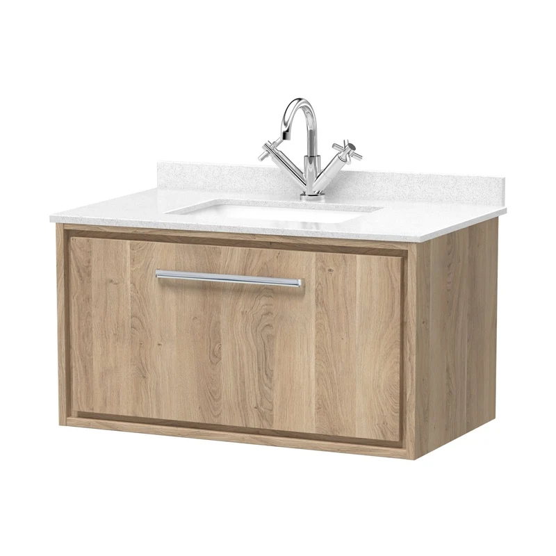 Hudson Reed Lille 800mm Wall Hung Single Drawer Vanity With Marble Worktop Basin Contemp Bleached Oak MFC Textured Woodgrain,vitreous China 509x820x470mm
