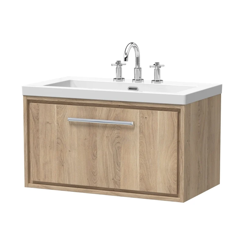 Hudson Reed Lille 800mm Wall Hung Single Drawer Vanity With Basin - 3 Tap Hole Contemp Bleached Oak Fireclay,MFC Textured Woodgrain 476x813x462mm