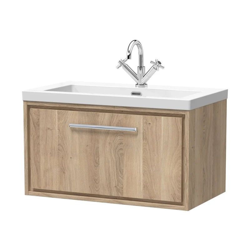 Hudson Reed Lille 800mm Wall Hung Single Drawer Vanity With Basin - 1 Tap Hole Contemp Bleached Oak Fireclay,MFC Textured Woodgrain 476x813x462mm