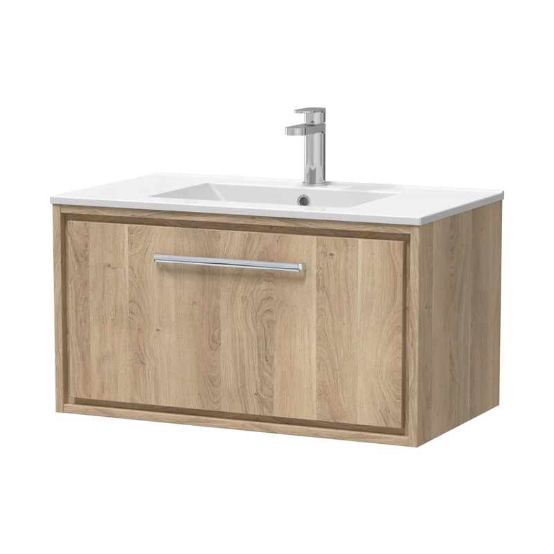 Hudson Reed Lille 800mm Wall Hung Single Drawer Vanity With Basin - 1 Tap Hole Contemp Bleached Oak MFC Textured Woodgrain,vitreous China 449x805x460mm