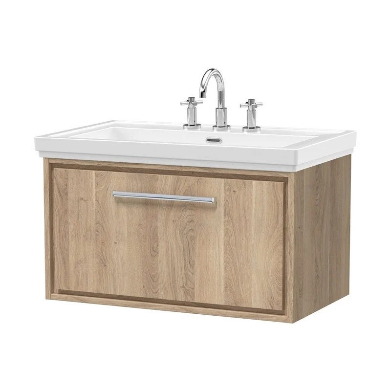 Hudson Reed Lille 800mm Wall Hung Single Drawer Vanity With Basin - 3 Tap Hole Contemp Bleached Oak Fireclay,MFC Textured Woodgrain 498x830x471mm
