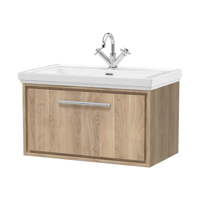 Hudson Reed Lille 800mm Wall Hung Single Drawer Vanity With Basin - 1 Tap Hole Contemp Bleached Oak Fireclay,MFC Textured Woodgrain 498x830x471mm