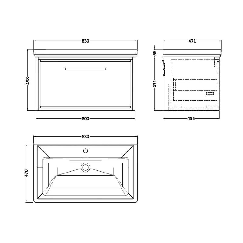 Hudson Reed Lille 800mm Wall Hung Single Drawer Vanity With Basin - 1 Tap Hole Contemp Bleached Oak Fireclay,MFC Textured Woodgrain 498x830x471mm