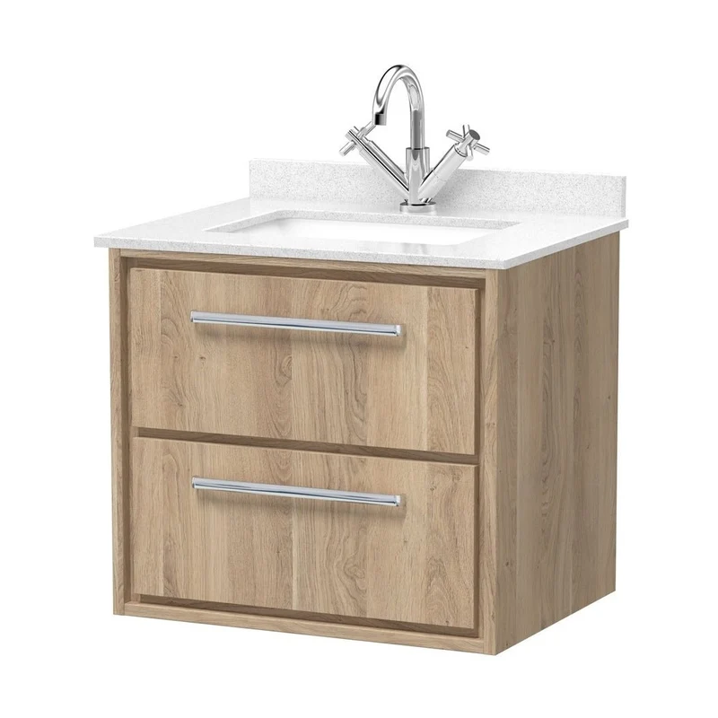 Hudson Reed Lille 600mm Wall Hung 2-drawer Vanity With Marble Worktop Basin Contemp Bleached Oak MFC Textured Woodgrain,vitreous China 617x620x470mm