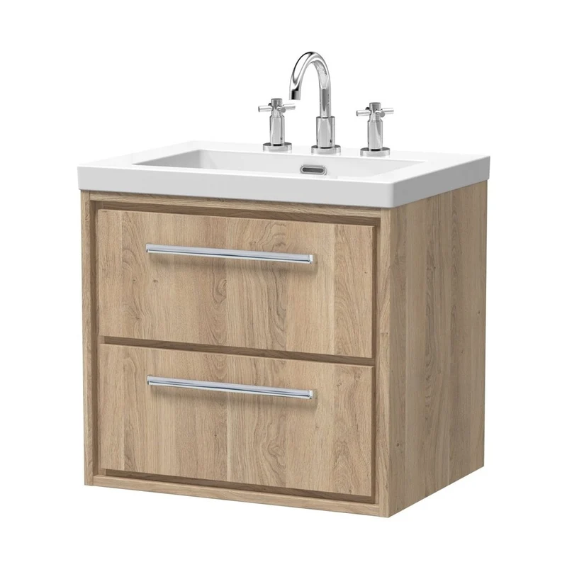 Hudson Reed Lille 600mm Wall Hung 2-drawer Vanity With Basin - 3 Tap Hole Contemp Bleached Oak Fireclay,MFC Textured Woodgrain 584x613x462mm
