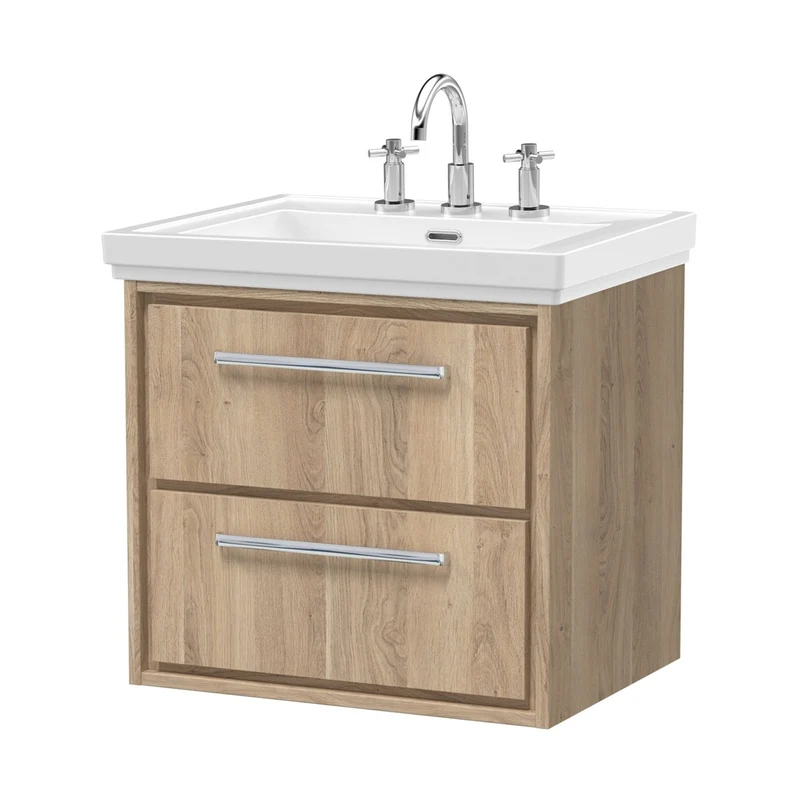 Hudson Reed Lille 600mm Wall Hung 2-drawer Vanity With Basin - 3 Tap Hole Contemp Bleached Oak Fireclay,MFC Textured Woodgrain 605x630x471mm
