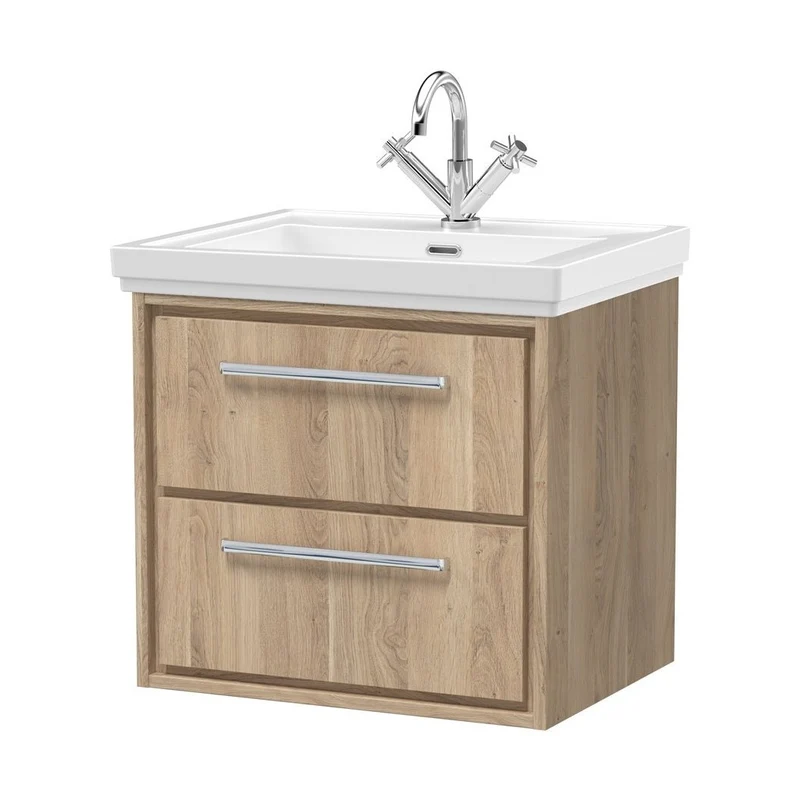 Hudson Reed Lille 600mm Wall Hung 2-drawer Vanity With Basin - 1 Tap Hole Contemp Bleached Oak Fireclay,MFC Textured Woodgrain 605x630x471mm