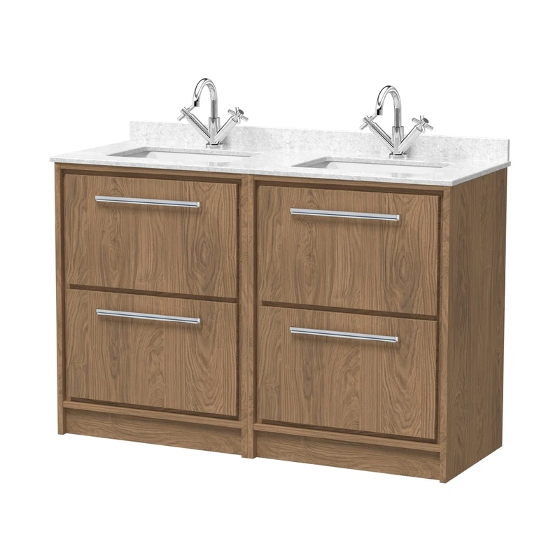 Hudson Reed Lille 1200mm Floor Standing 4-drawer Vanity With Marble Worktop Basin Contemp Antique Oak MFC Textured Woodgrain,vitreous China 878x1220x470mm