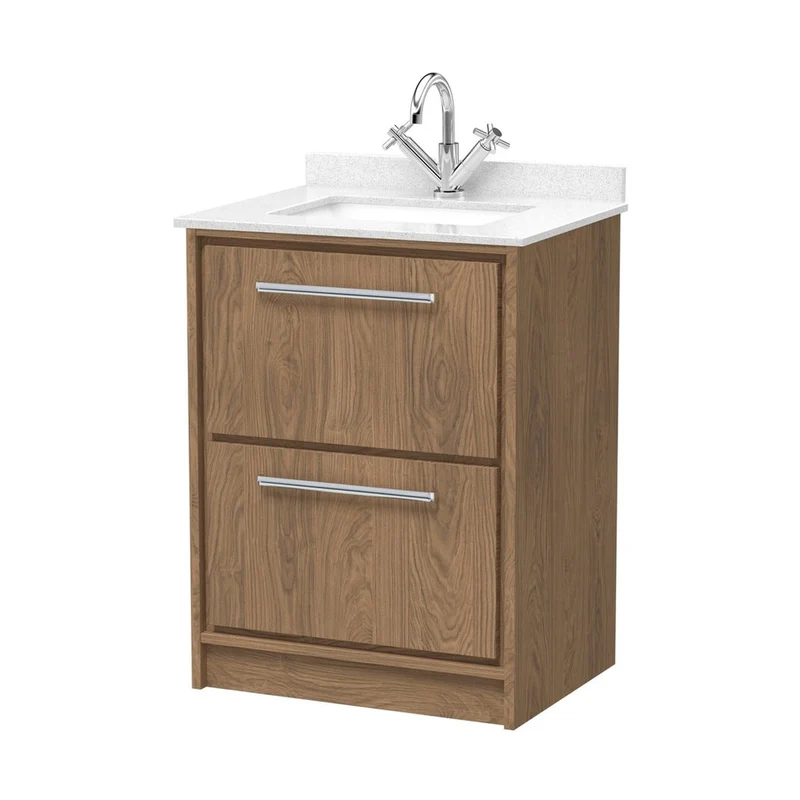 Hudson Reed Lille 600mm Floor Standing 2-drawer Vanity With Marble Worktop Basin Contemp Antique Oak MFC Textured Woodgrain,vitreous China 878x620x470mm