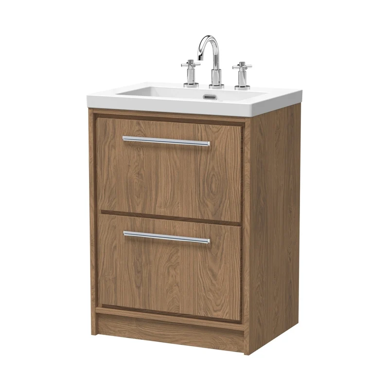 Hudson Reed Lille 600mm Floor Standing 2-drawer Vanity With Basin - 3 Tap Hole Contemp Antique Oak Fireclay,MFC Textured Woodgrain 845x613x462mm