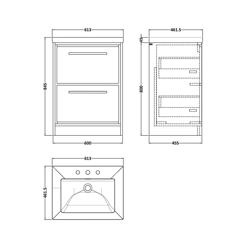 Hudson Reed Lille 600mm Floor Standing 2-drawer Vanity With Basin - 3 Tap Hole Contemp Antique Oak Fireclay,MFC Textured Woodgrain 845x613x462mm