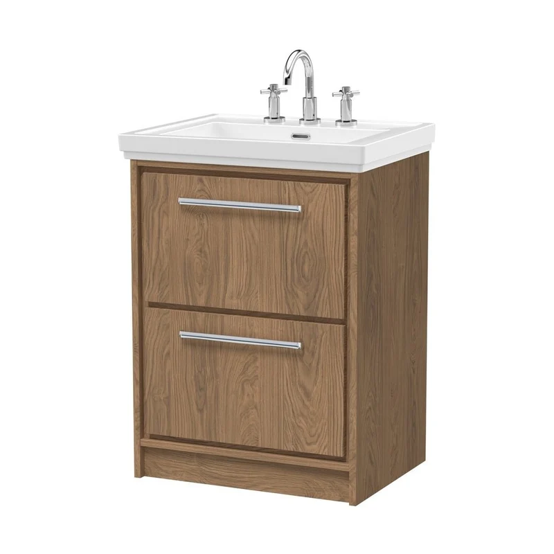 Hudson Reed Lille 600mm Floor Standing 2-drawer Vanity With Basin - 3 Tap Hole Contemp Antique Oak Fireclay,MFC Textured Woodgrain 866x630x471mm