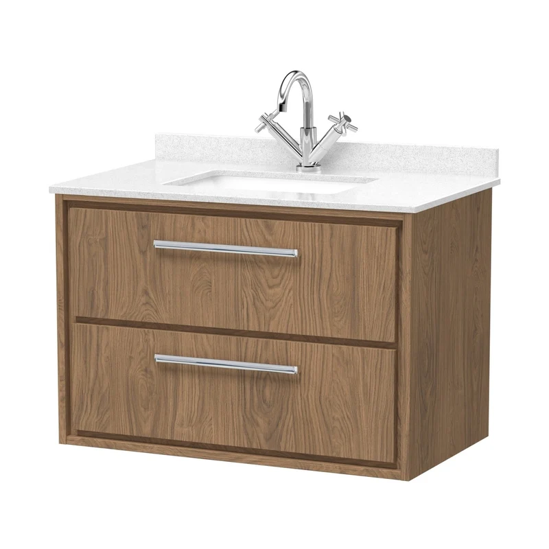 Hudson Reed Lille 800mm Wall Hung 2-drawer Vanity With Marble Worktop Basin Contemp Antique Oak MFC Textured Woodgrain,vitreous China 617x820x470mm