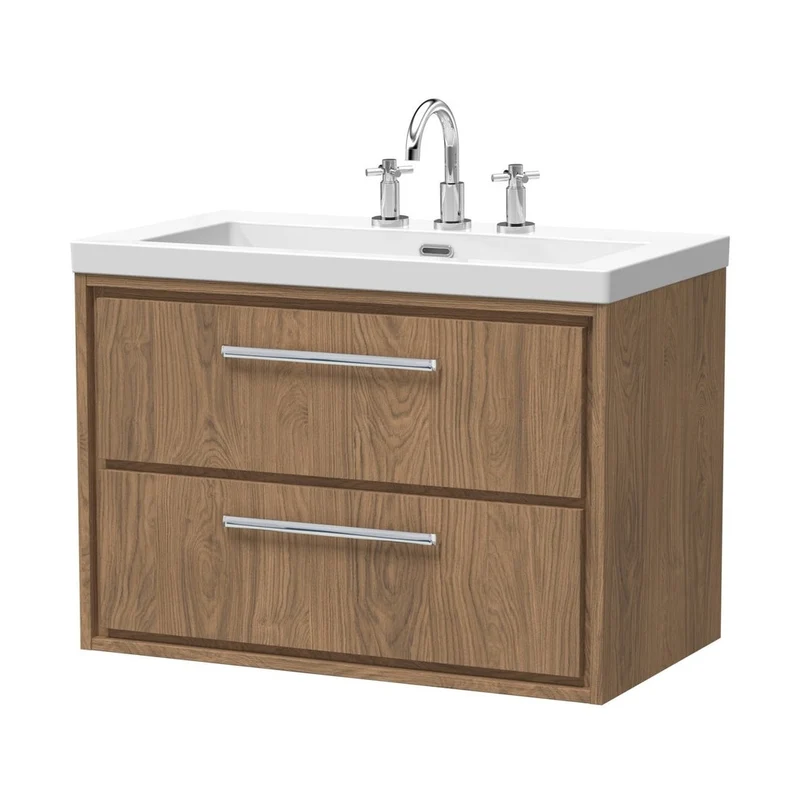 Hudson Reed Lille 800mm Wall Hung 2-drawer Vanity With Basin - 3 Tap Hole Contemp Antique Oak Fireclay,MFC Textured Woodgrain 584x813x462mm