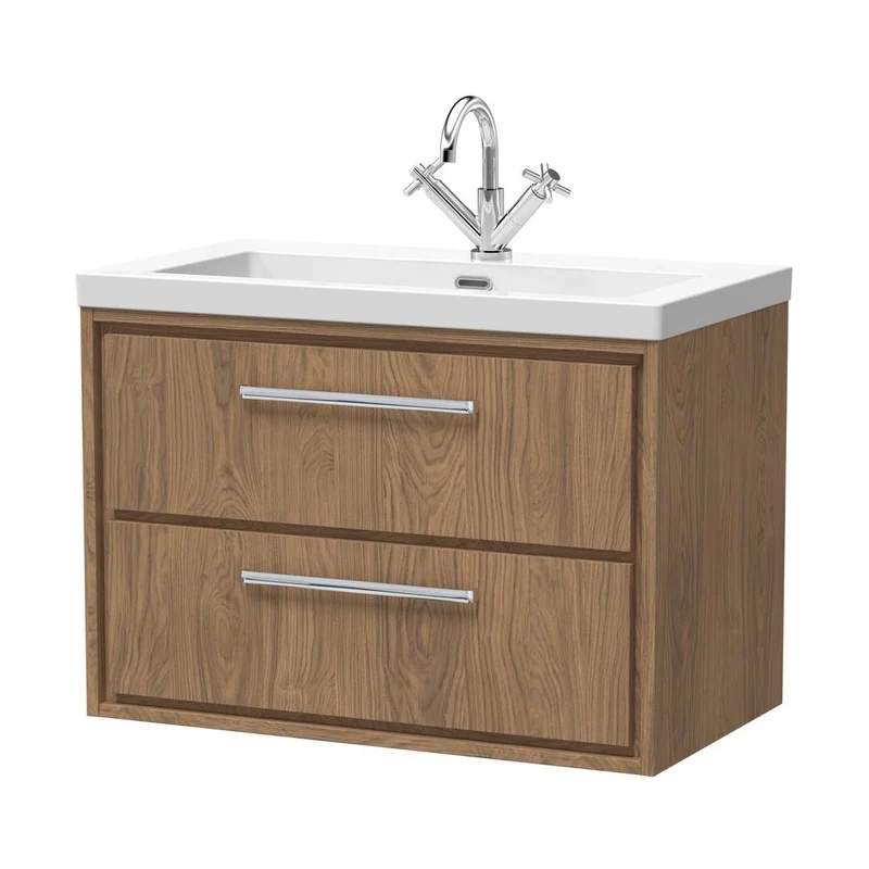Hudson Reed Lille 800mm Wall Hung 2-drawer Vanity With Basin - 1 Tap Hole Contemp Antique Oak Fireclay,MFC Textured Woodgrain 584x813x462mm
