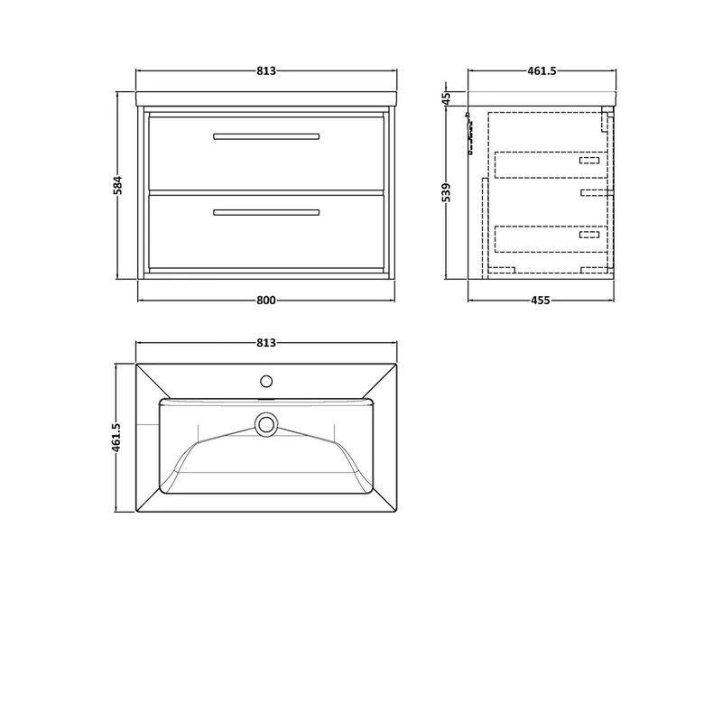 Hudson Reed Lille 800mm Wall Hung 2-drawer Vanity With Basin - 1 Tap Hole Contemp Antique Oak Fireclay,MFC Textured Woodgrain 584x813x462mm