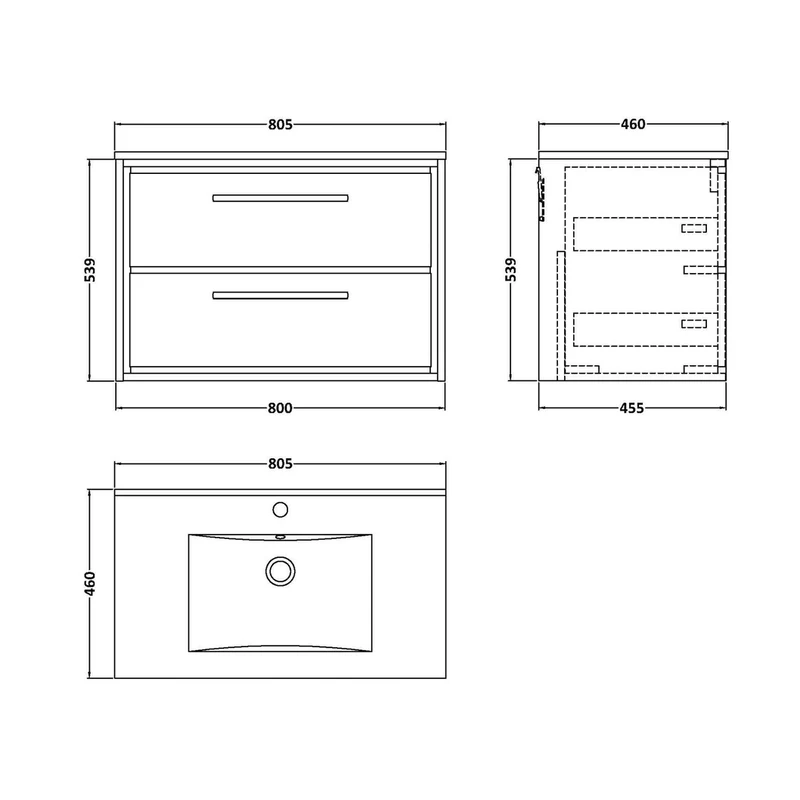 Hudson Reed Lille 800mm Wall Hung 2-drawer Vanity With Basin - 1 Tap Hole Contemp Antique Oak MFC Textured Woodgrain,vitreous China 539x805x460mm