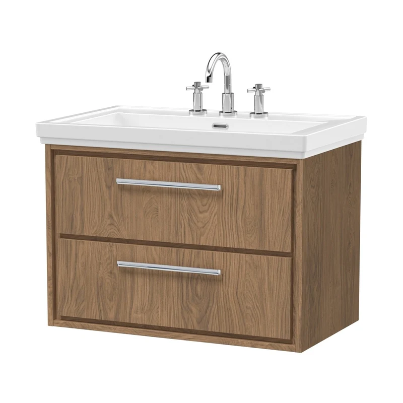 Hudson Reed Lille 800mm Wall Hung 2-drawer Vanity With Basin - 3 Tap Hole Contemp Antique Oak Fireclay,MFC Textured Woodgrain 606x830x471mm