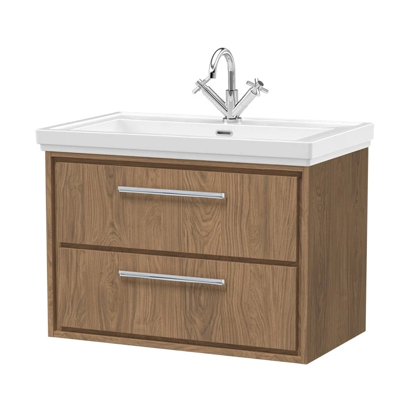 Hudson Reed Lille 800mm Wall Hung 2-drawer Vanity With Basin - 1 Tap Hole Contemp Antique Oak Fireclay,MFC Textured Woodgrain 606x830x471mm
