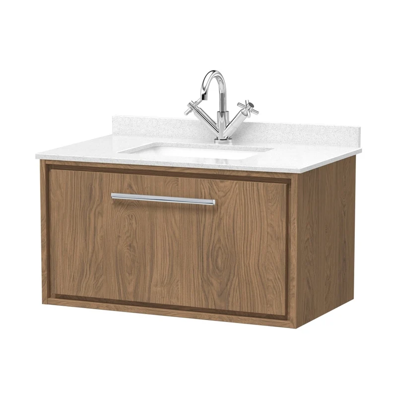 Hudson Reed Lille 800mm Wall Hung Single Drawer Vanity With Marble Worktop Basin Contemp Antique Oak MFC Textured Woodgrain,vitreous China 509x820x470mm