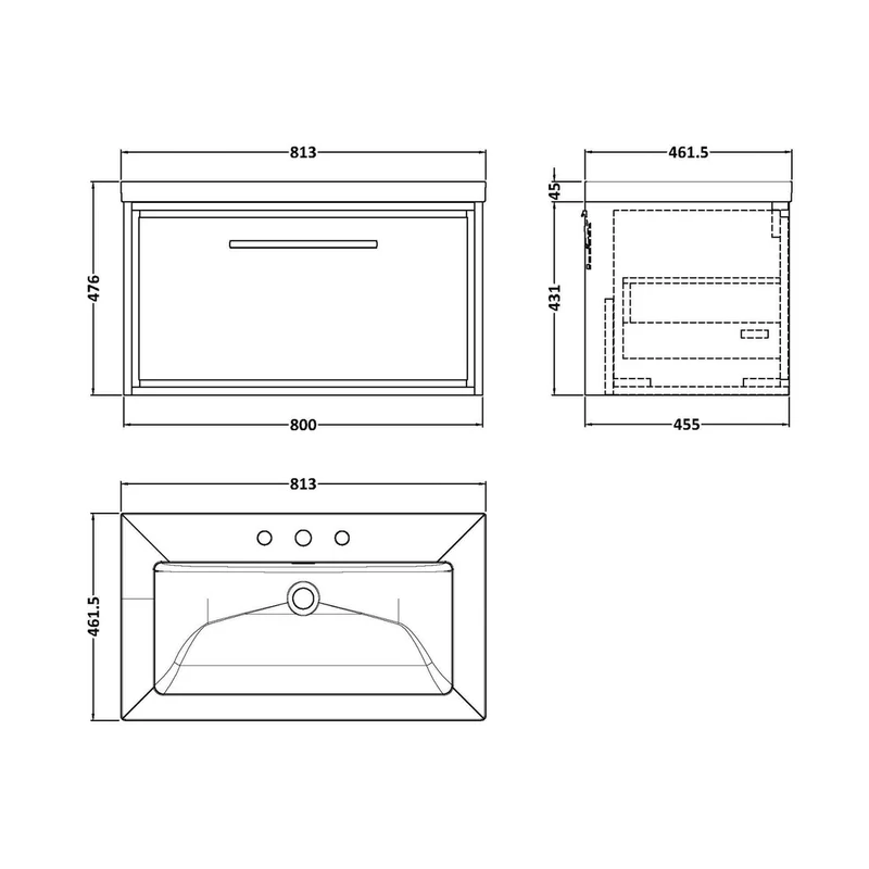 Hudson Reed Lille 800mm Wall Hung Single Drawer Vanity With Basin - 3 Tap Hole Contemp Antique Oak Fireclay,MFC Textured Woodgrain 476x813x462mm