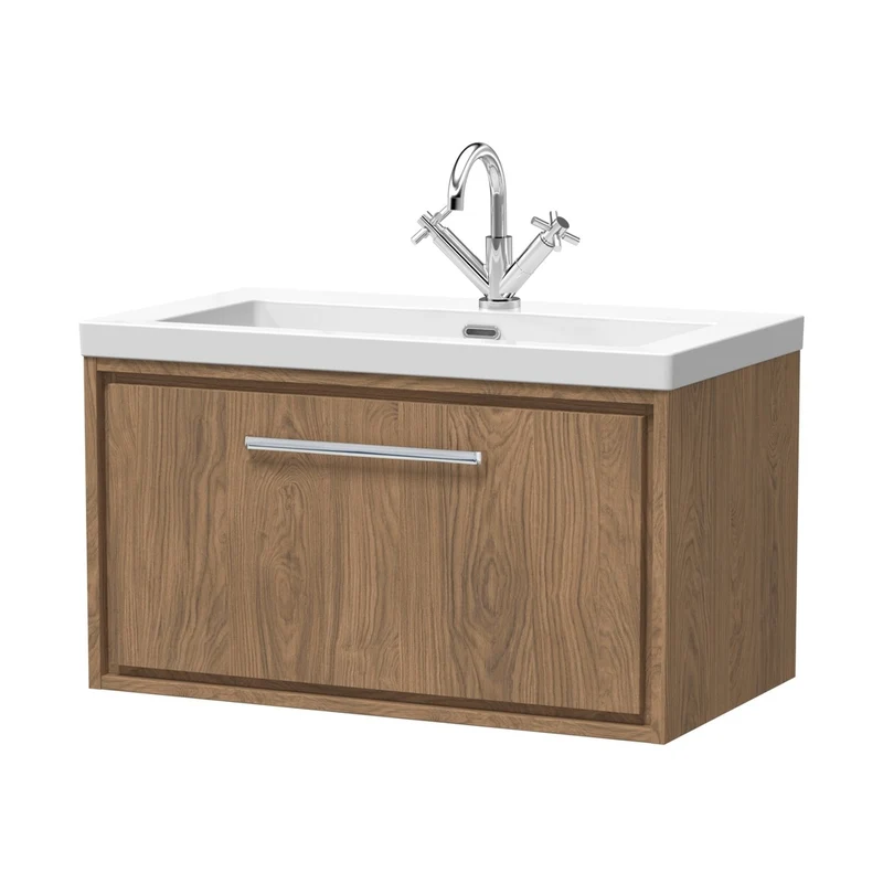 Hudson Reed Lille 800mm Wall Hung Single Drawer Vanity With Basin - 1 Tap Hole Contemp Antique Oak Fireclay,MFC Textured Woodgrain 476x813x462mm