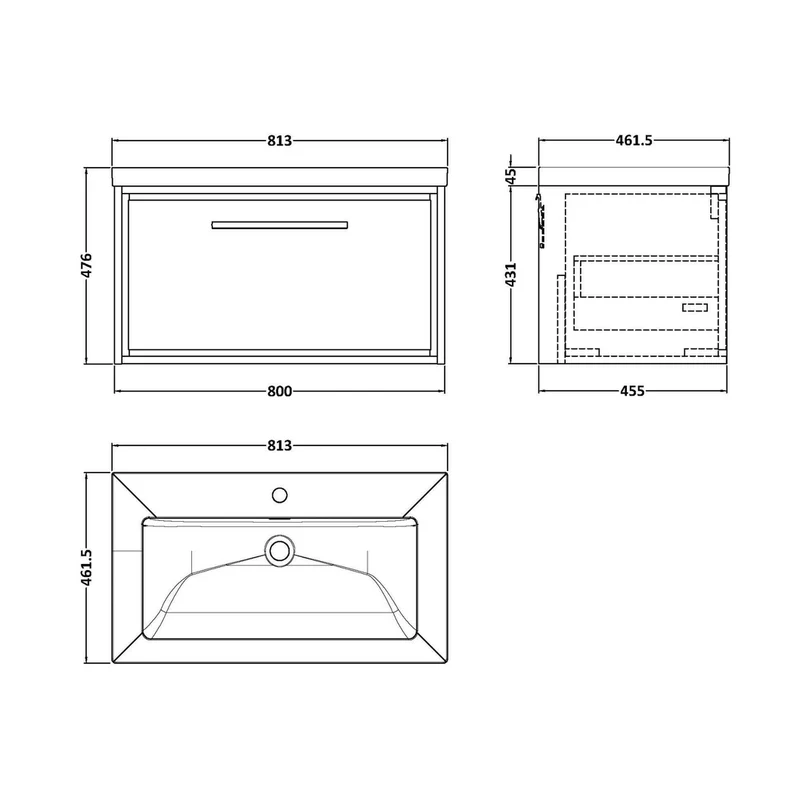 Hudson Reed Lille 800mm Wall Hung Single Drawer Vanity With Basin - 1 Tap Hole Contemp Antique Oak Fireclay,MFC Textured Woodgrain 476x813x462mm