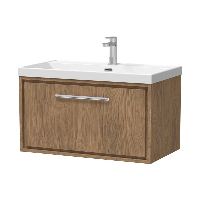 Hudson Reed Lille 800mm Wall Hung Single Drawer Vanity With Basin - 1 Tap Hole Contemp Antique Oak MFC Textured Woodgrain,vitreous China 481x810x460mm