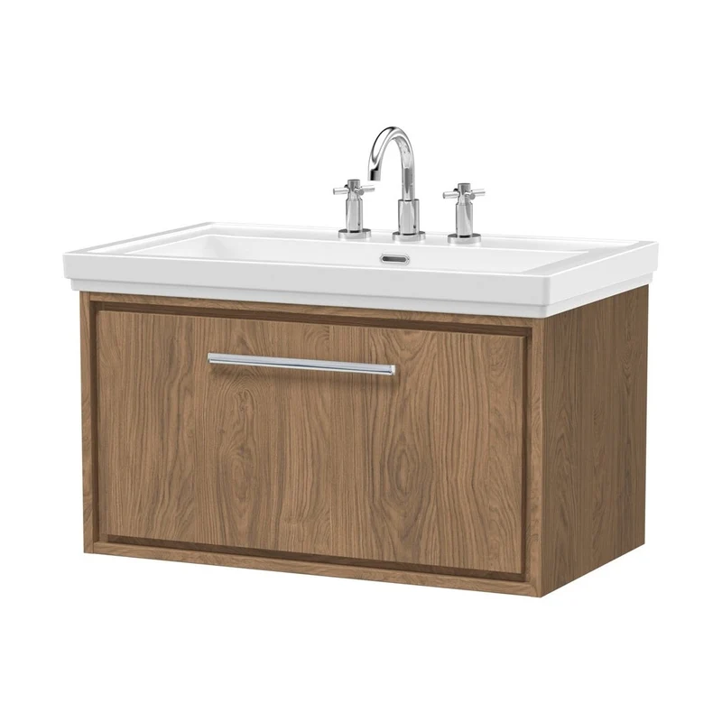 Hudson Reed Lille 800mm Wall Hung Single Drawer Vanity With Basin - 3 Tap Hole Contemp Antique Oak Fireclay,MFC Textured Woodgrain 498x830x471mm